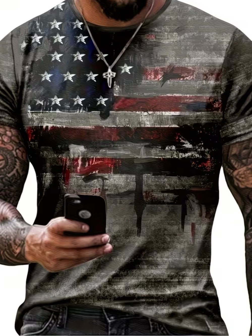 NWT!!!Distressed American Flag Graphic Tee - Black/Gray